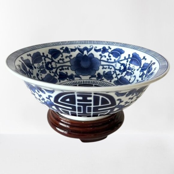 Vintage Bombay Company Blue and White Porcelain Bowl & Wooden Stand- Large- 90s - Picture 3 of 16